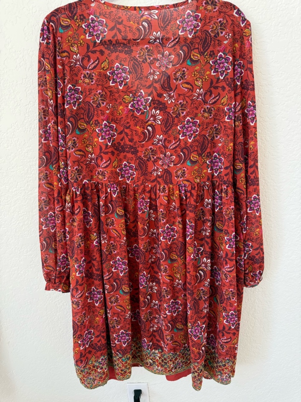 Time and Tru Rust Red Floral Long Sleeve Boho Tunic Dress - Picture 3 of 10